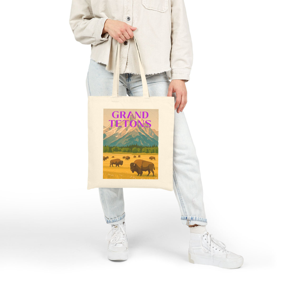 Wild at Heart Grand Teton National Park Tote Bag – Bison & Mountain Meadow Canvas Explorer Tote, Souvenir Gift