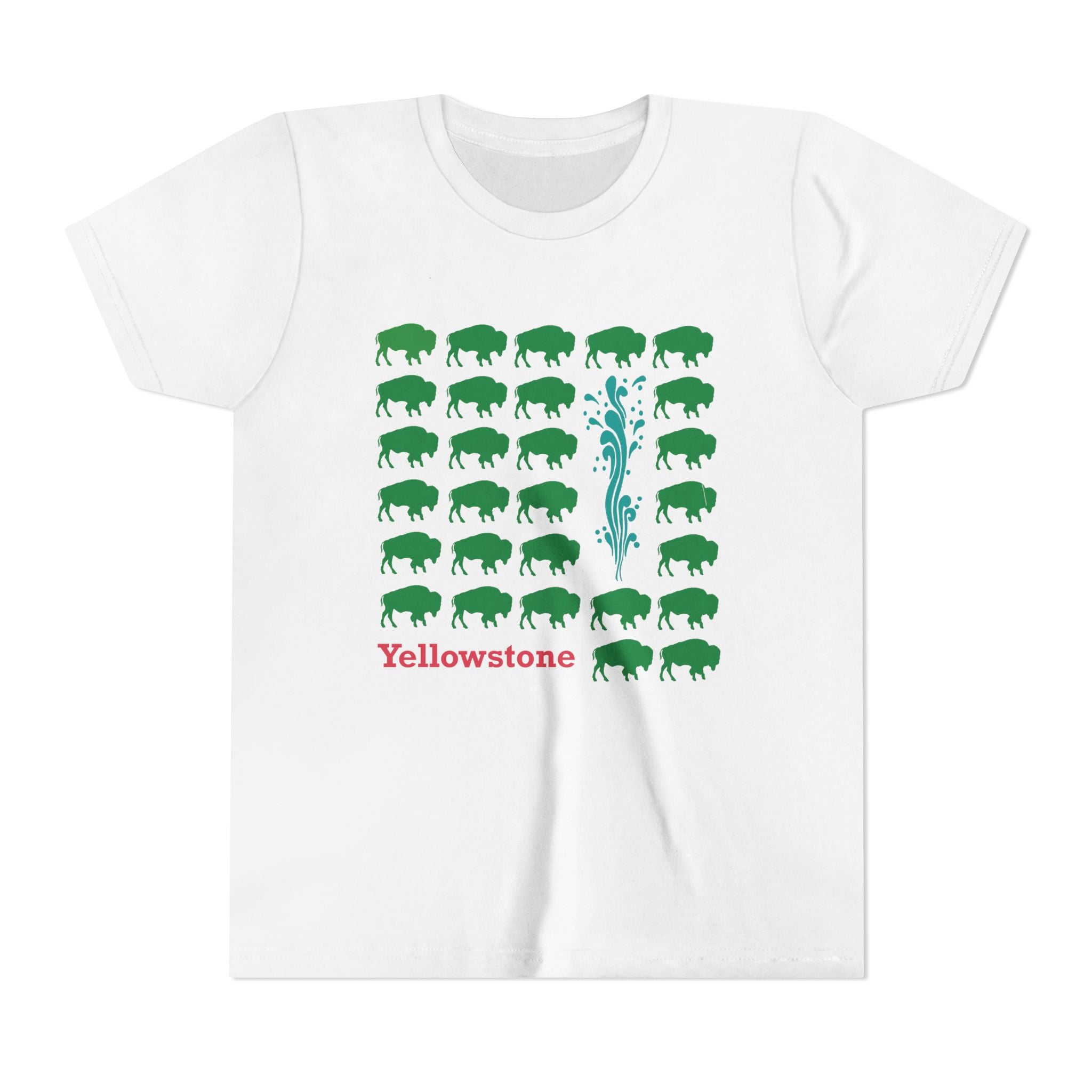 Yellowstone Kids Tee, Bison Pattern with Old Faithful, National Park Graphic Shirt, Kids Yellowstone T-shirt