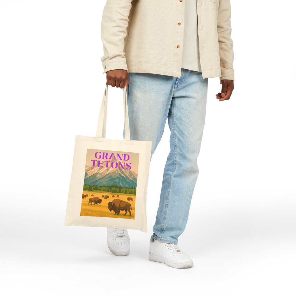 Wild at Heart Grand Teton National Park Tote Bag – Bison & Mountain Meadow Canvas Explorer Tote, Souvenir Gift