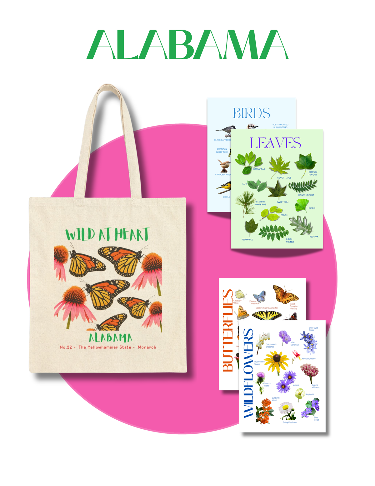 Alabama Nature Gift Set for Kids Ages 7-12 – 4 Activity Books + Canvas Tote (Birds, Butterflies, Wildflowers & Leaves)