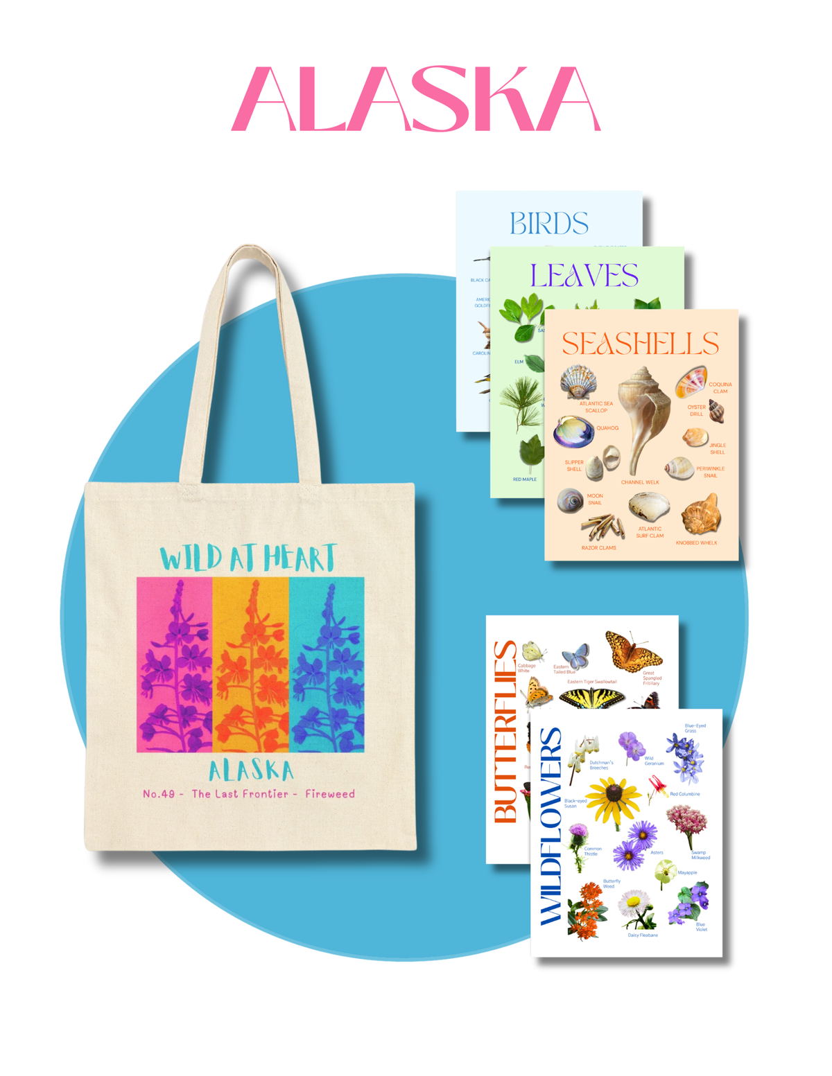 Alaska Nature Gift Set for Kids Ages 7-12 – 5 Activity Books + Canvas Tote (Birds, Butterflies, Wildflowers, Leaves & Seashells)