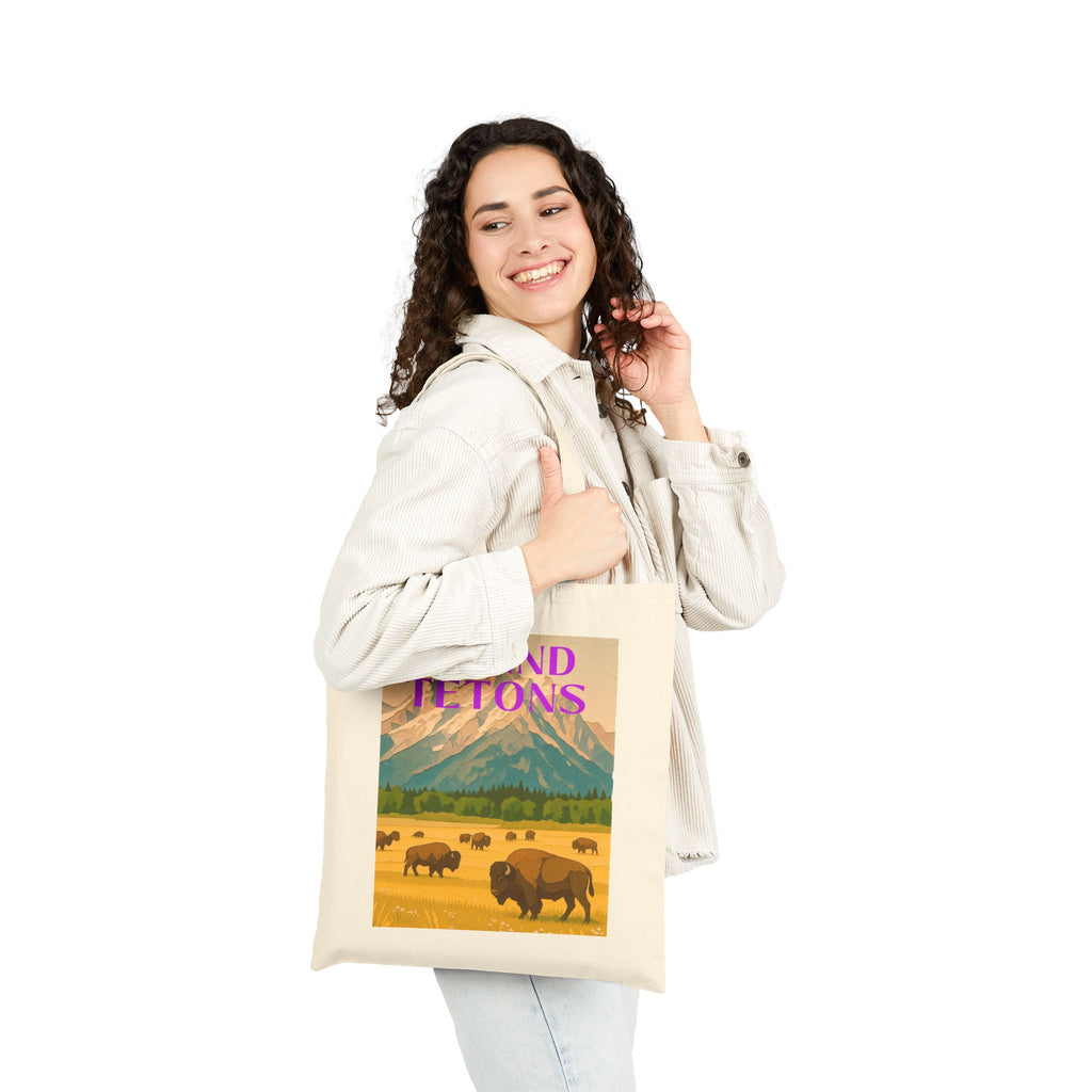 Wild at Heart Grand Teton National Park Tote Bag – Bison & Mountain Meadow Canvas Explorer Tote, Souvenir Gift