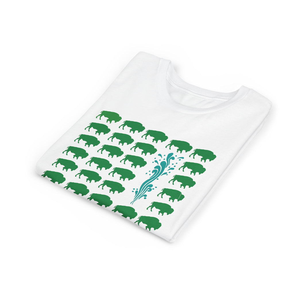 Yellowstone Kids Tee, Bison Pattern with Old Faithful, National Park Graphic Shirt, Kids Yellowstone T-shirt