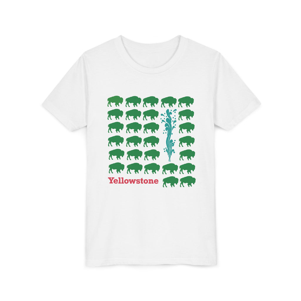 Yellowstone Kids Tee, Bison Pattern with Old Faithful, National Park Graphic Shirt, Kids Yellowstone T-shirt