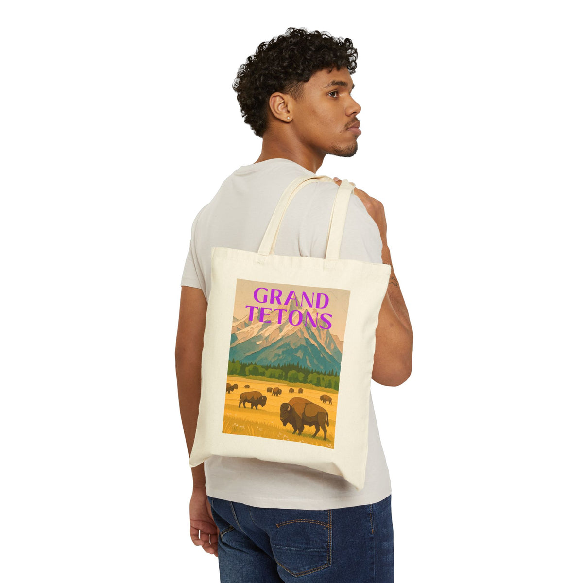 Wild at Heart Grand Teton National Park Tote Bag – Bison & Mountain Meadow Canvas Explorer Tote, Souvenir Gift