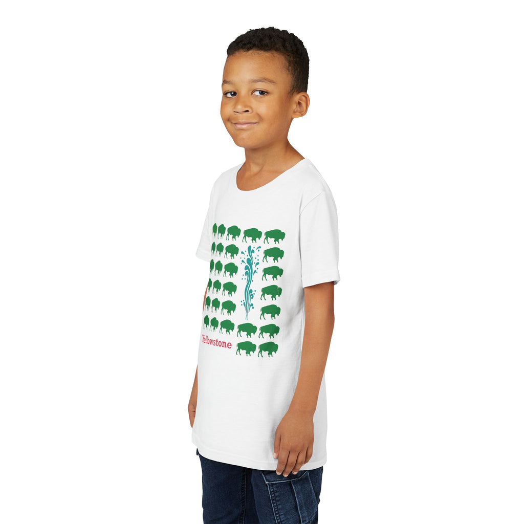 Yellowstone Kids Tee, Bison Pattern with Old Faithful, National Park Graphic Shirt, Kids Yellowstone T-shirt