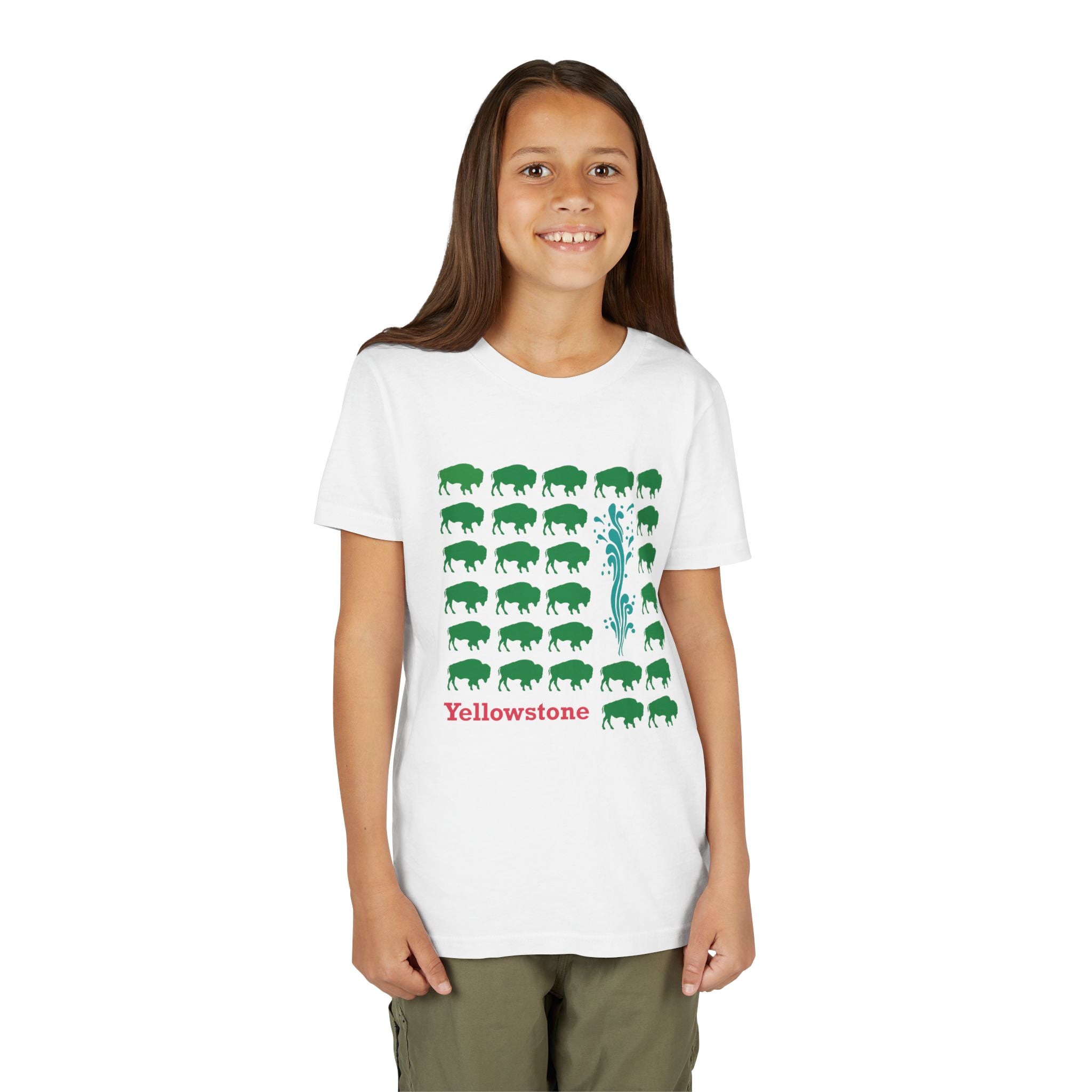 Yellowstone Kids Tee, Bison Pattern with Old Faithful, National Park Graphic Shirt, Kids Yellowstone T-shirt