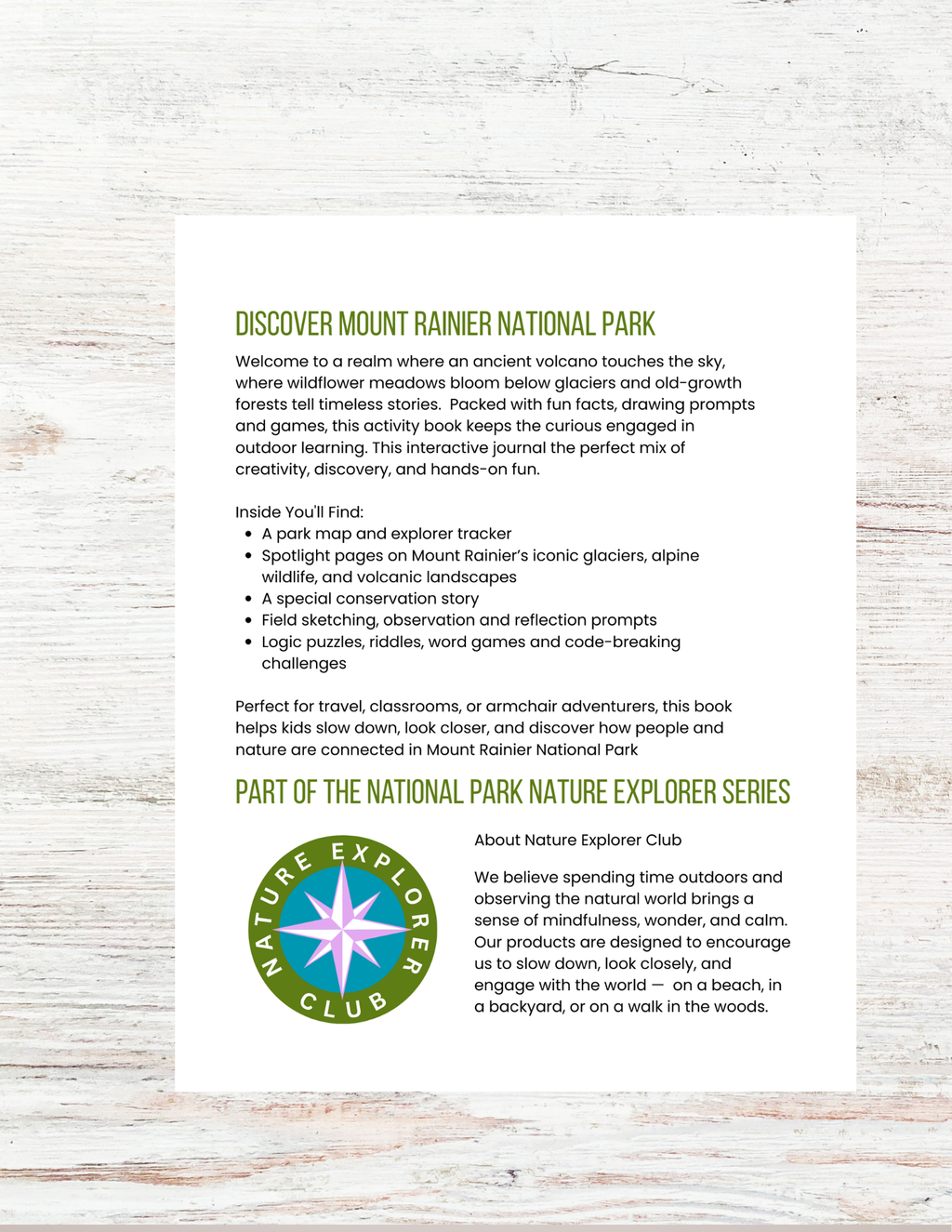 Mount Rainier National Park Activity Book for Kids