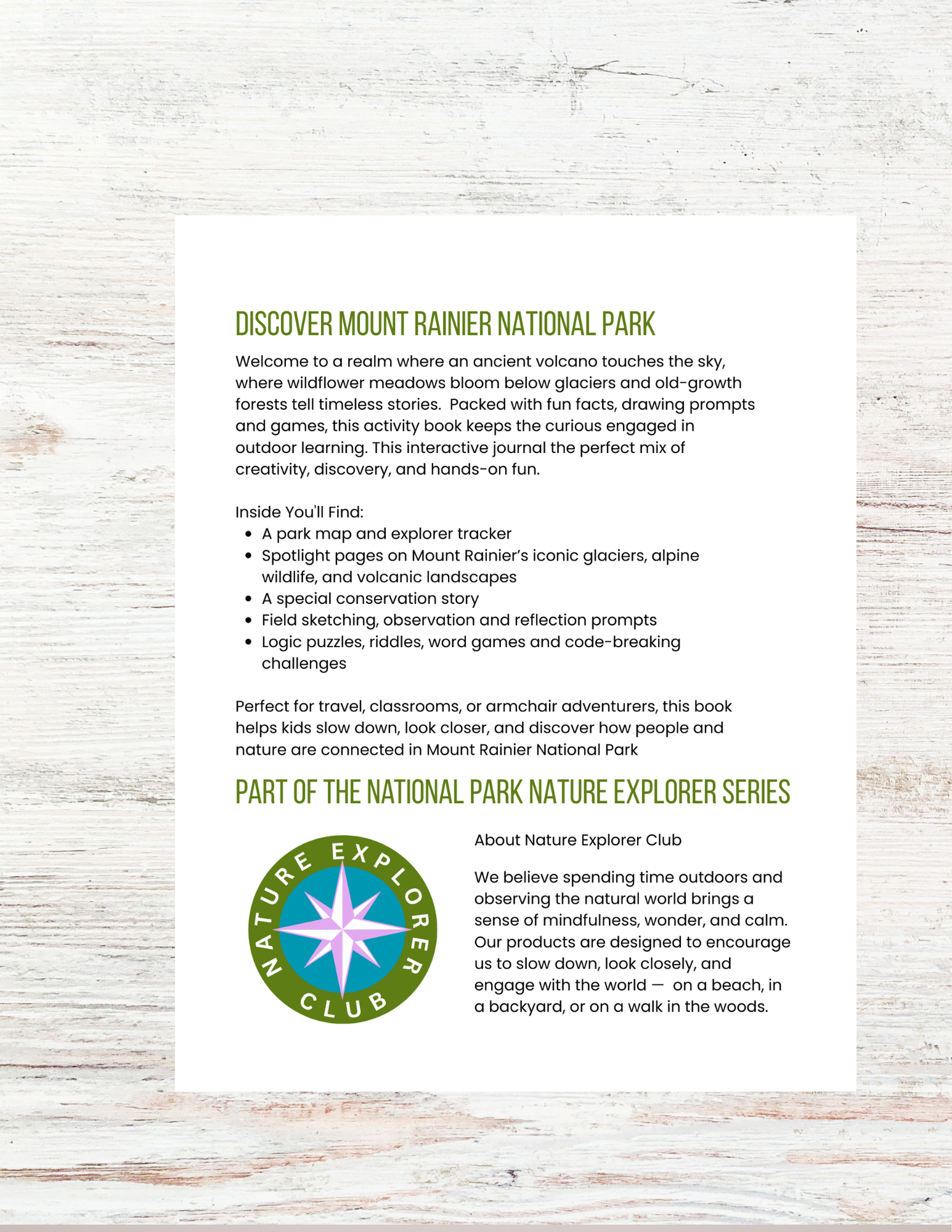 Mount Rainier National Park Activity Book for Kids